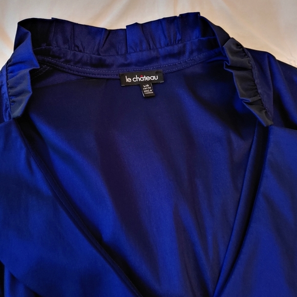 Le Chateau Y2k royal blue irridescent chrome ruffle wrap dress shirt. Size L - Picture 8 of 13